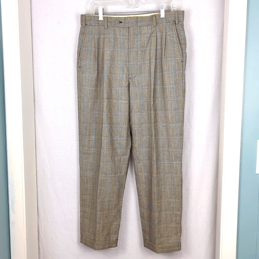 VINTAGE Men's 34 Micro Check Wool Pleated Slacks Pants